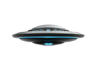 Sleek, gray UFO with blue lights hovers against a black backdrop