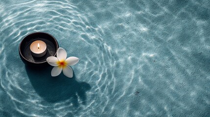 Naklejka premium Serene Candle Spa Flat Lay with Plumeria Flower on Calm Water Surface Creating a Tranquil Ambiance for Relaxation and Wellness
