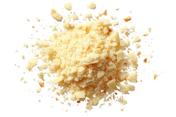 Close-up shot of a pile of small, pale-yellow fragments, likely food, against a black background