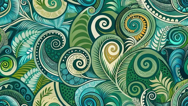 Maori Koru Spiral Pattern, New Zealand fern fronds and botanical swirls in emerald and teal, Polynesian seamless background for textile, wallpaper, fabric prints and home decor