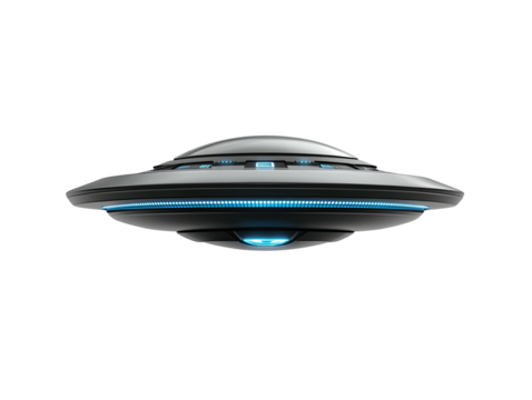 Sleek, gray UFO with blue lights hovers against a black backdrop