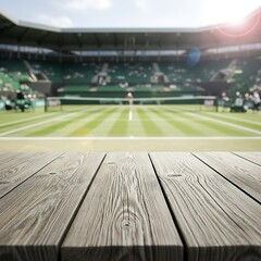 Fototapeta premium Empty wooden tabletop in foreground with blurred green tennis court and stadium seating in background