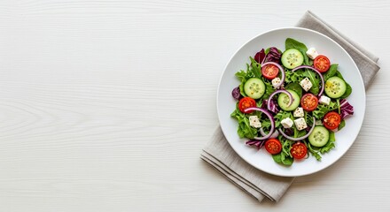 Fresh Garden Vegetable Salad Served on a White Plate with Napkin