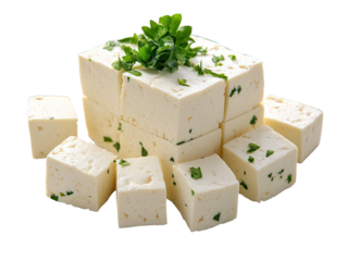 Stack of white, cubed cheese with fresh green herb garnish
