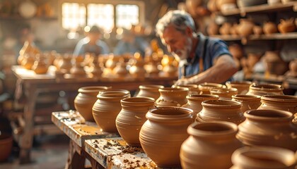 Fototapeta premium A craftsman intently works on pottery in a workshop, surrounded by unfinished pieces on a sunlit workbench with other figures blurred