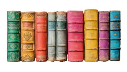 A vibrant collection of aged, hardbound books, lined up neatly against a black background
