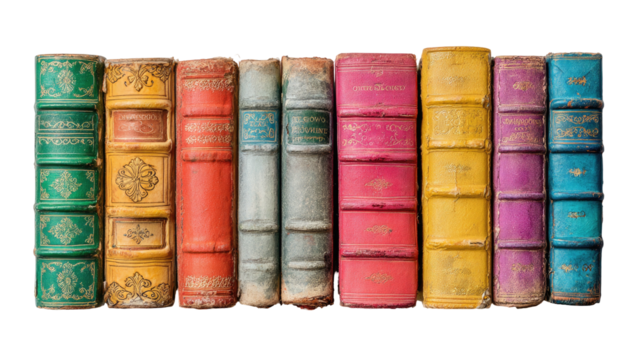 A vibrant collection of aged, hardbound books, lined up neatly against a black background