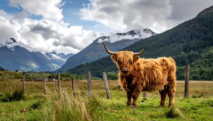 A fluffy, long-haired Highland cow stands proudly in a grassy field with a fence. Mountains and clouds form a scenic backdrop