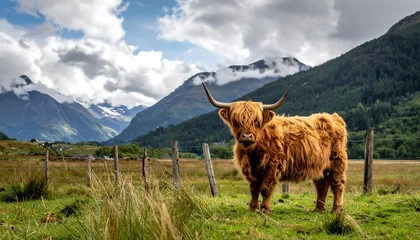 Gartenposter Schottisches Hochlandrind A fluffy, long-haired Highland cow stands proudly in a grassy field with a fence. Mountains and clouds form a scenic backdrop  © Dira