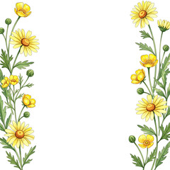 Obraz premium A delicate watercolor illustration showcases an elegant floral border of vibrant yellow flowers and lush green leaves, perfect for adding a touch of nature's beauty to any design.