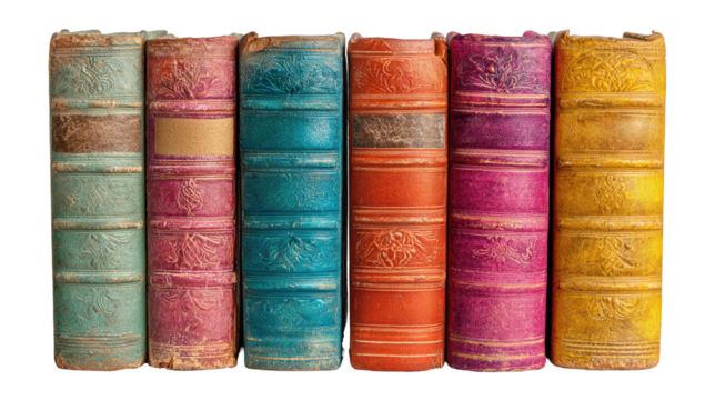 A row of colorful, antique book spines arranged closely, showcasing aged leather textures