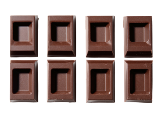 Top-down view of eight square chocolate pieces arranged in two rows on a black background