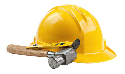 A construction worker's yellow hard hat resting beside a hammer and a level against a black background