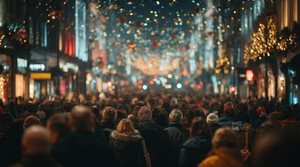 Crowd of People Shopping on Festive City Street at Night with Bright Lights and Decorations