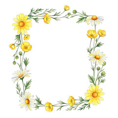 Obraz premium A cheerful floral frame, showcasing daisies, buttercups and verdant foliage, providing a harmonious blend of vibrant colors and delicate botanical details.
