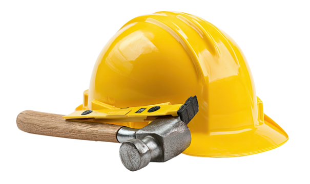 A construction worker's yellow hard hat resting beside a hammer and a level against a black background