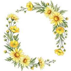 Fototapeta premium A vibrant floral wreath design, showcases cheerful yellow blooms artfully arranged amidst lush green leaves. This image radiates the essence of nature's beauty. 
