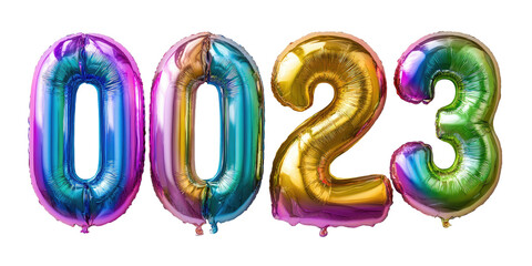 Colorful, shiny balloons spelling "2023" on a black background, celebrating the arrival of the new year