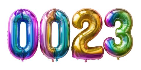 Colorful, shiny balloons spelling "2023" on a black background, celebrating the arrival of the new year