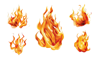 Digital illustration of six stylized fiery flames, vibrant orange and yellow on a black background