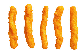 Five orange-hued, puffed, textured, cylindrical snacks stand out against a solid black backdrop
