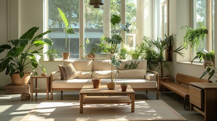 Fototapeta premium Modern Eco-Friendly Living Room with Natural Wood Furniture and Indoor Plants in Minimalist Style