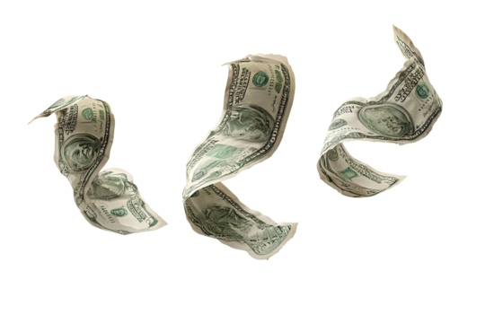 Three hundred dollar bills, realistically depicted in mid-air against a dark background