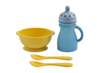Baby feeding set blue bottle yellow bowl spoons isolated on a transparent background