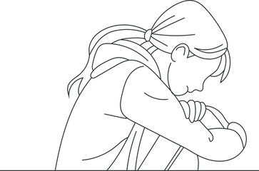 Girl sitting with a sad expression line art vector