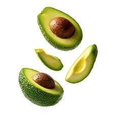 Sliced avocado fruit sections, floating against a stark black background, fresh, juicy