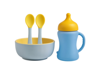 Baby feeding set blue bottle yellow spoons isolated on a transparent background