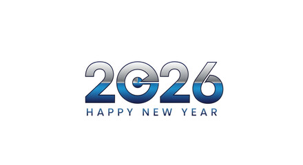 Naklejka premium Happy New Year 2026 elegant metallic blue and silver typography design