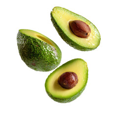 Three avocado halves are arranged against a black background, showing seed and the flesh