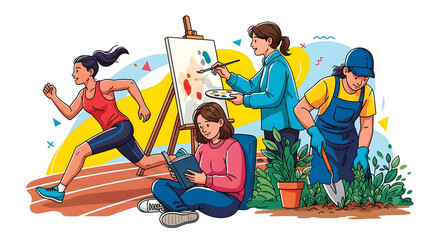 Women pursuing diverse hobbies and leisure activities running painting reading gardening