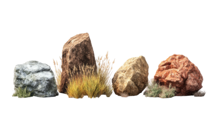 Array of textured rocks with varying hues, surrounded by tufts of dry grass