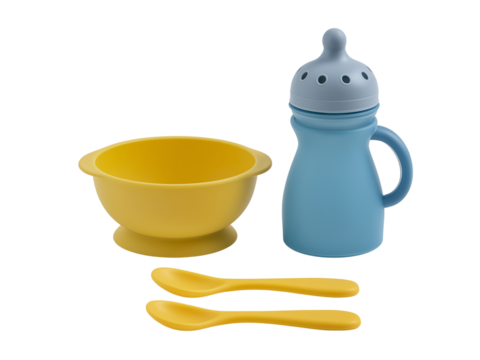 Baby feeding set blue bottle yellow bowl spoons isolated on a transparent background - Powered by Adobe