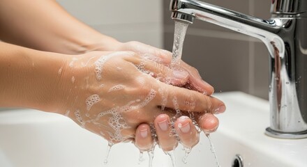 Person washing hands under running water with soap and foam