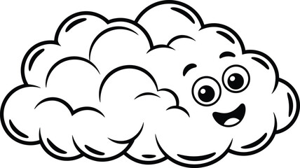 Cute smiling cloud cartoon illustration, happy weather character vector in black and white, adorable sky design for kids and education