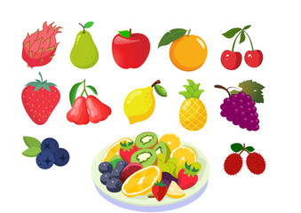set of fruits and berries, Fresh and Colorful Fruit Collection with Fruit Salad