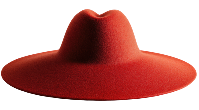 Scarlet fedora hat. Mid-century modern style. Clean red texture and minimalist form