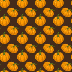 Seamless pattern with orange pumpkins on brown background vector illustration. Print, perfect for branding, packaging, and business products.