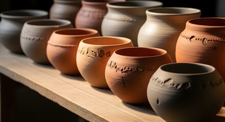 Artisanal collection of handcrafted earthenware pots and rustic ceramic vessels displayed in a row at a pottery workshop