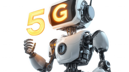 Robotic figure with glowing screen displaying the letter g and a glowing number five beside it on transparent background