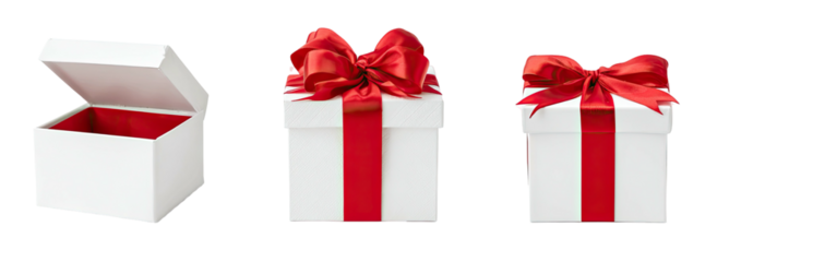 Three white gift boxes, two with red bows and ribbons, one open, all on a black background