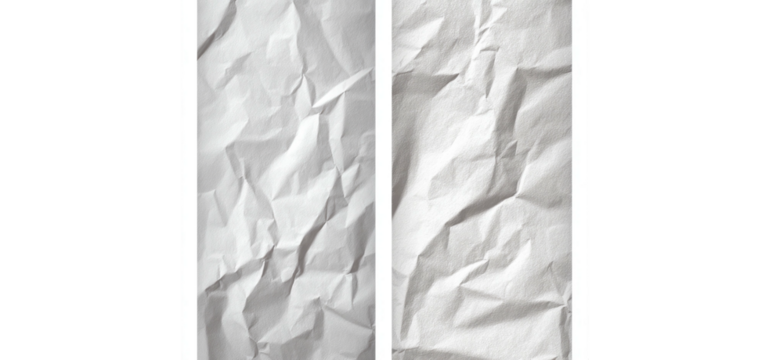 Vertical split image features two panels of textured white paper, with creases and folds for visual depth