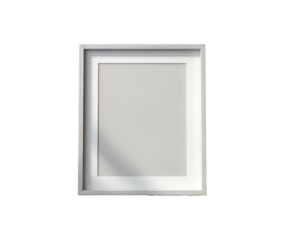 A square, vertical picture frame with a white matte and silver-colored, slightly beveled border, isolated on black