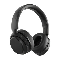 Overhead black wireless headphones with padded earcups, resting on black background
