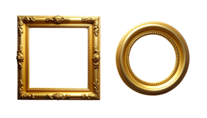  Two vintage golden decorative frames isolated on transparent background