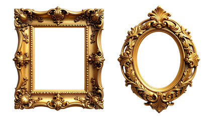 Two vintage baroque gold frames isolated on transparent background