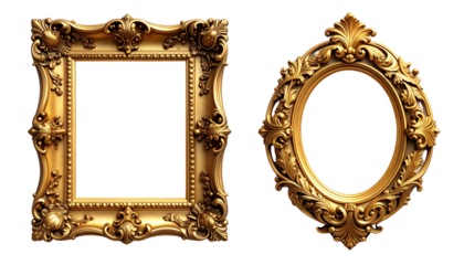 Two vintage baroque gold frames isolated on transparent background